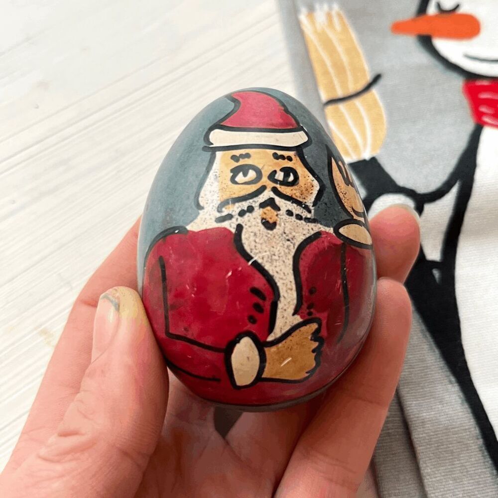 Hand-Painted Santa Stone Egg & Threshold Snowman Tea Towel Set